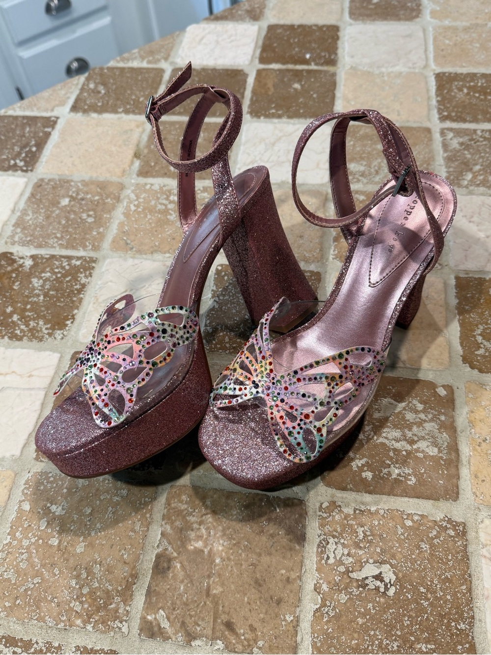 Glitter Platform Ankle-Strap Heels with Butterfly Accent - Pink